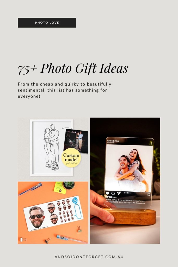 Photo gift ideas header, including a custom sketch, instagram table light and face stickers.