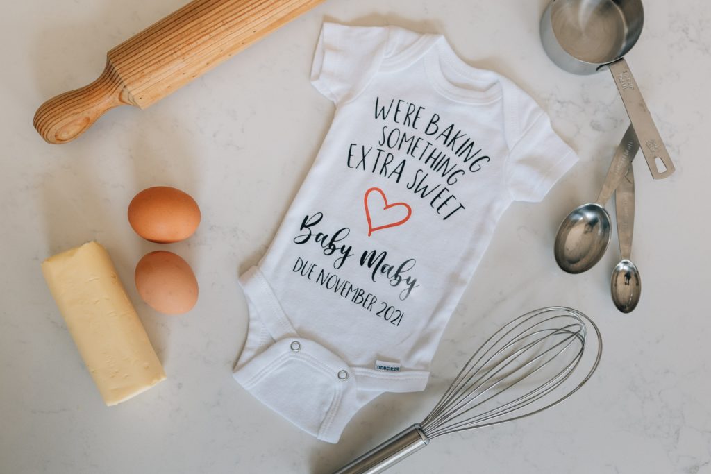 we're baking something extra sweet onesie, used during bun in the oven pregnancy announcement photography session