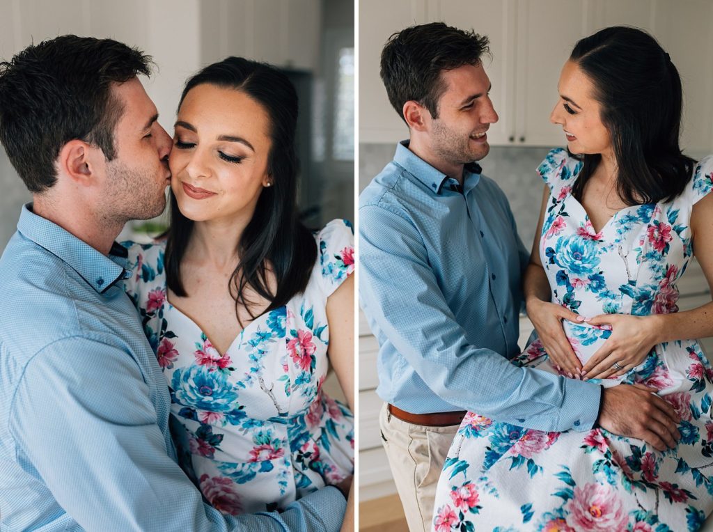 man kissing woman on cheek, heart hands on pregnant belly, Melbourne pregnancy announcement ideas