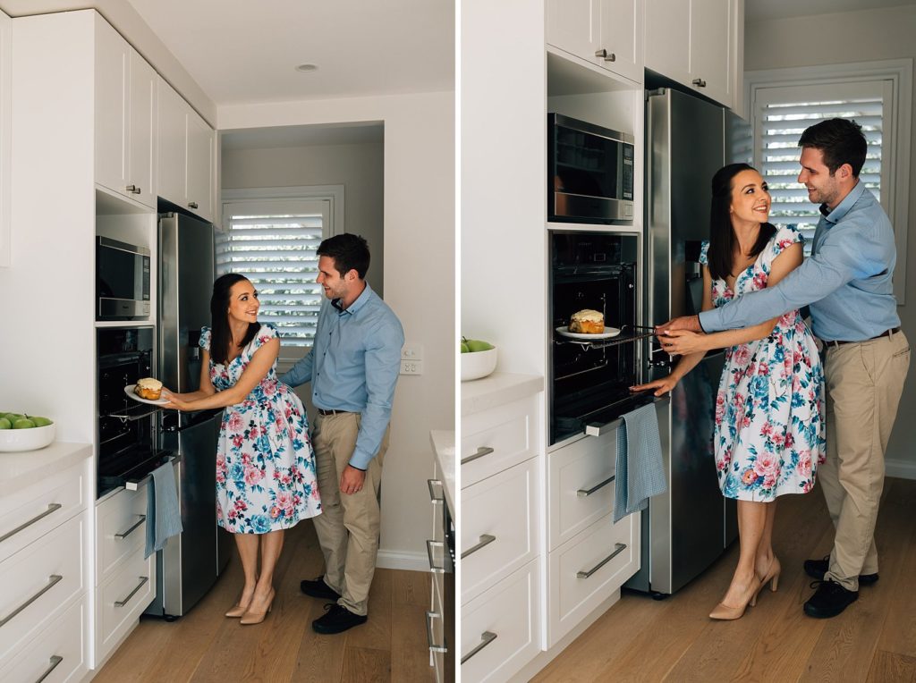 two images of man and woman placing symbolic bun in the oven pregnancy announcement photography session