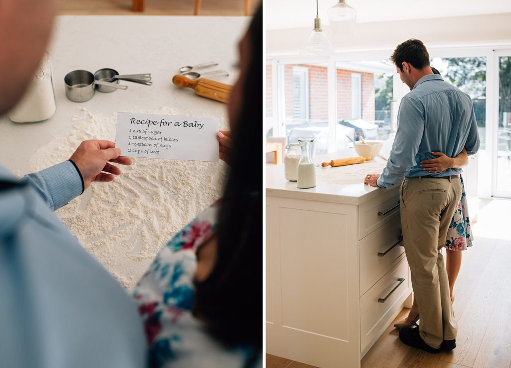 diptych images of man and woman with recipe for a baby ingredient card, Melbourne pregnancy announcement photography