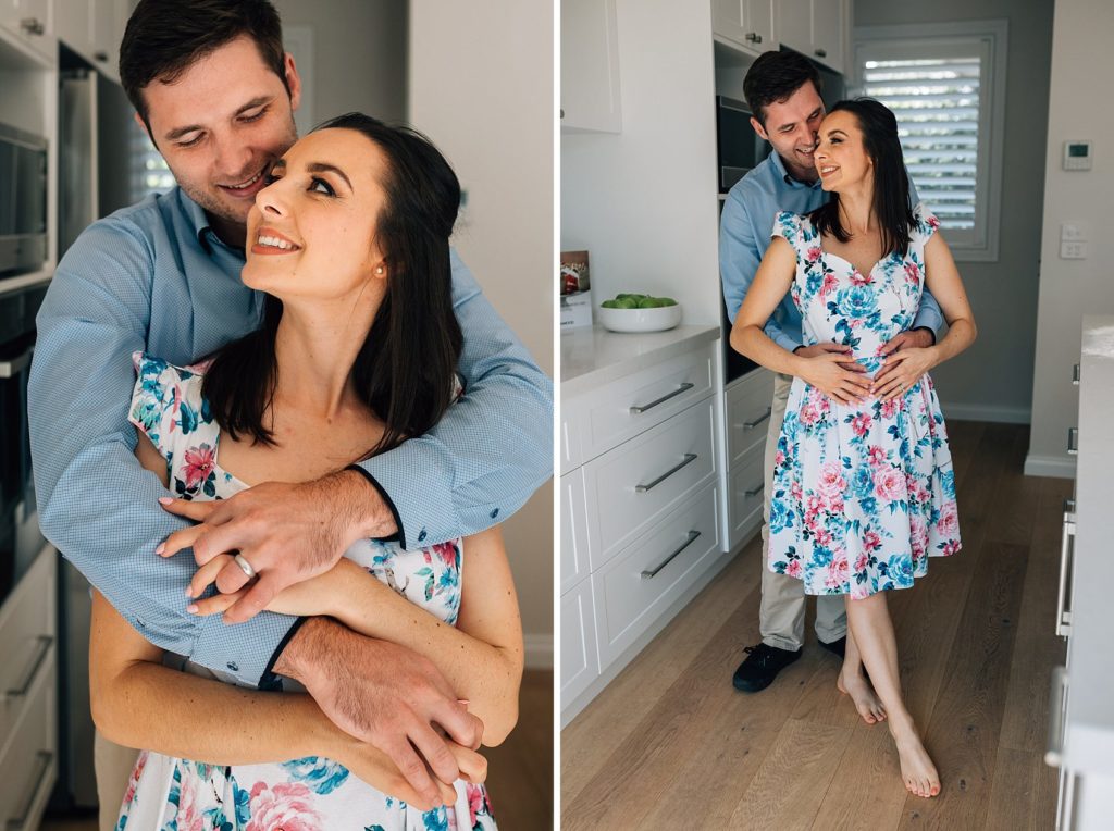 husband and wife in kitchen, bun in the oven pregnancy announcement photography session