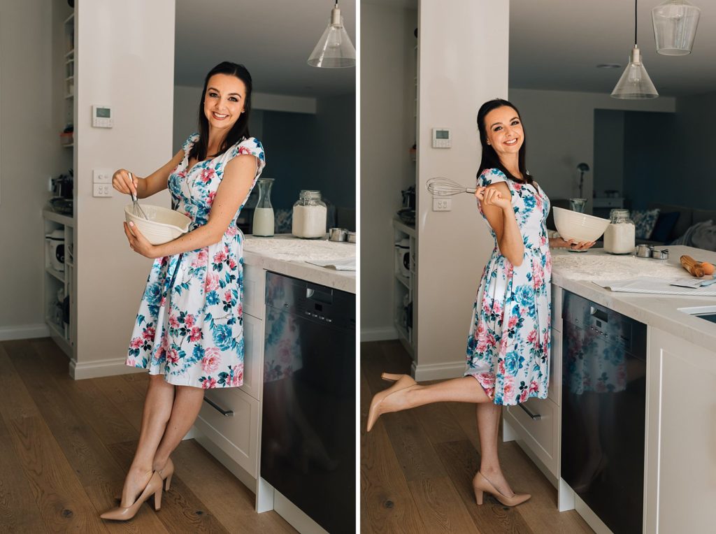 diptych images of pregnant woman with mixing bowl in kitchen, bun in the oven pregnancy announcement 