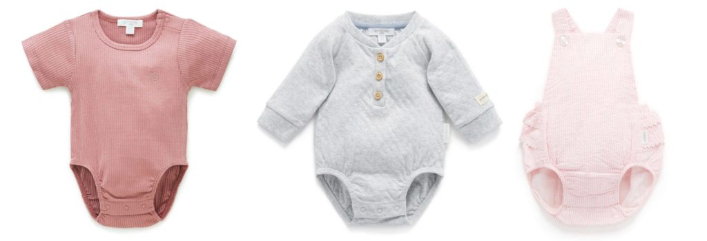 Three Pure Baby outfits, an example of lovely newborn photoshoot outfits